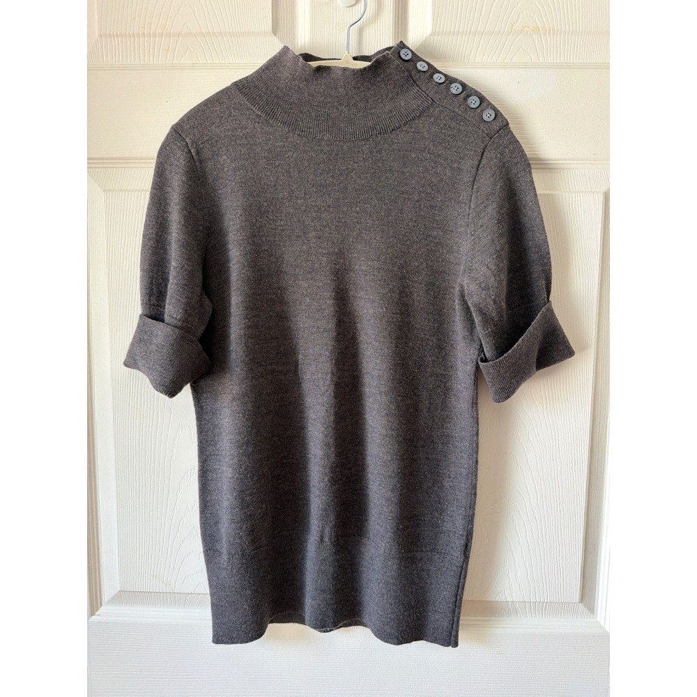 Banana Republic Mock Neck Sweater Womens M Gray Merino Wool Button Shoulder